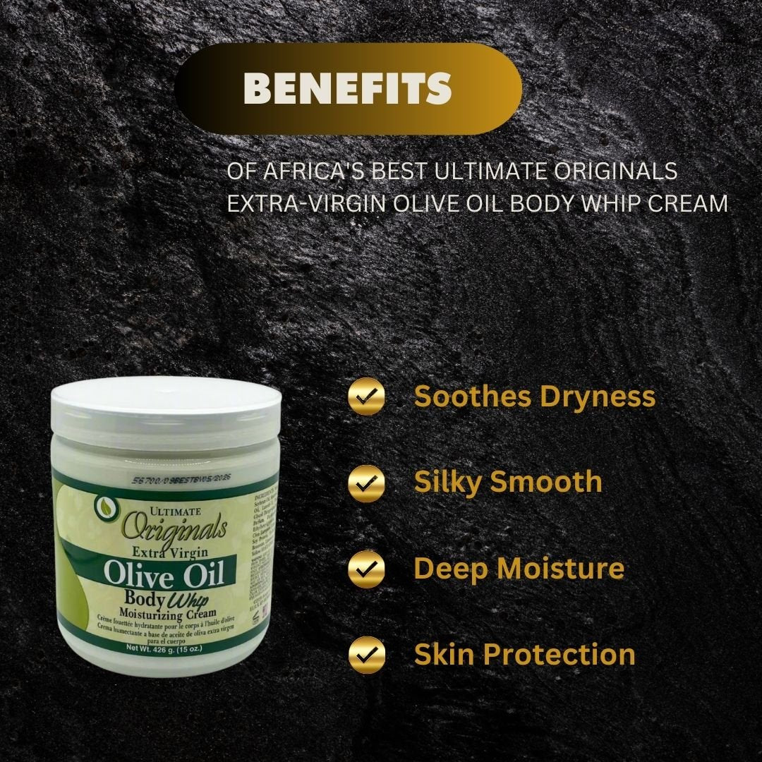 Africa's Best Ultra-Virgin Olive Oil Body Whip Cream in 15oz jar, creamy texture, moisturizing for skin, natural ingredients.