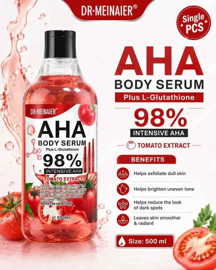 Dr. Meinaier AHA Body Serum in a 500ml bottle with a tomato-themed label, designed for exfoliating and skin renewal.