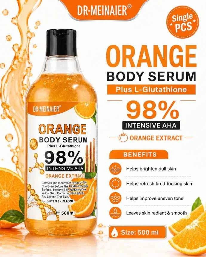 Dr. Meinaier Orange Body Serum bottle with orange label, showcasing a 500ml size and vibrant orange design.