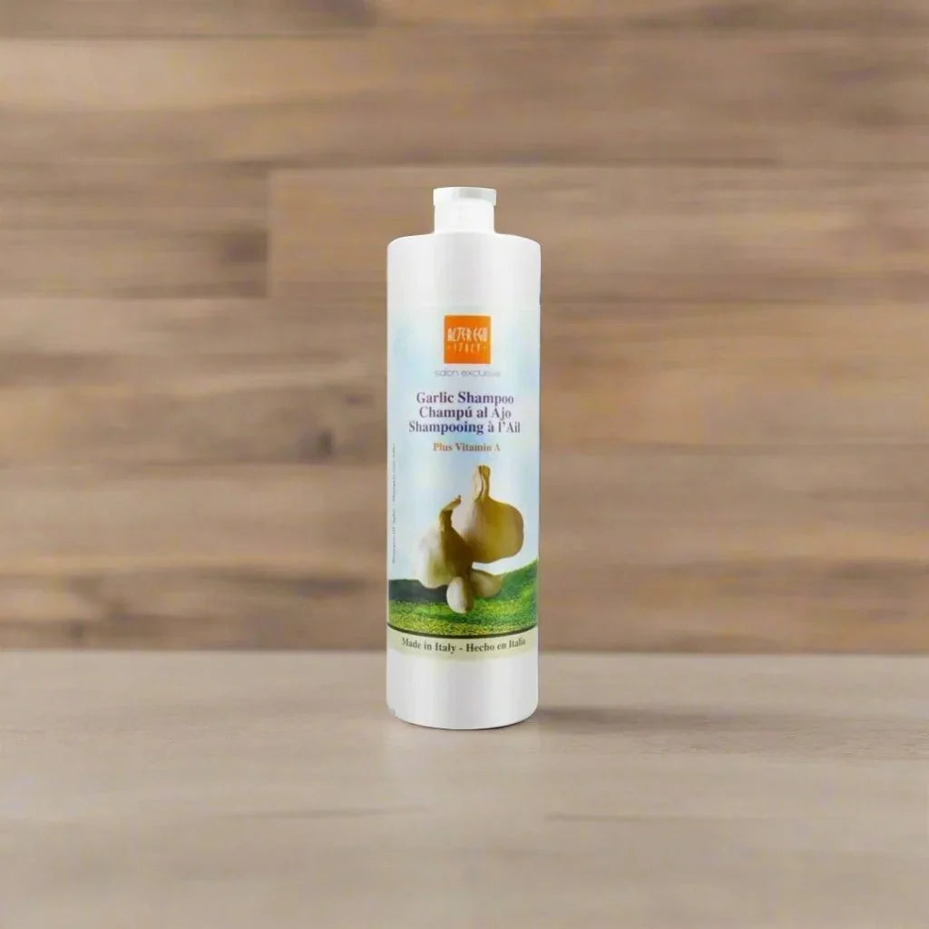 Alter Ego Garlic Shampoo Plus Vitamin A in a 33.8 oz bottle, shown with the product label and clear bottle image.