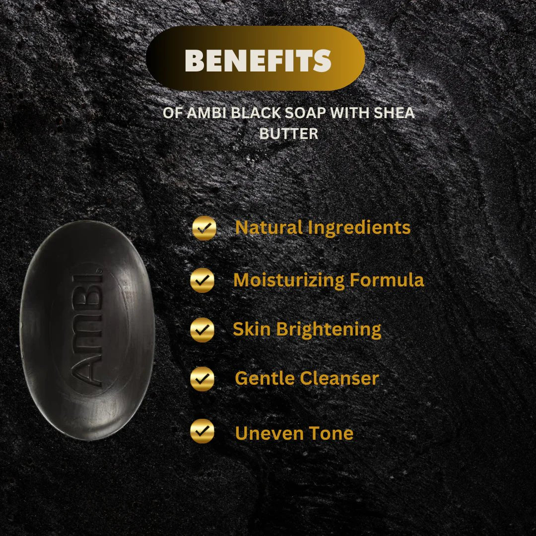 Ambi Black Soap with Shea Butter in a 3.5 oz bar, featuring a dark soap with shea butter for skin cleansing and moisturizing.