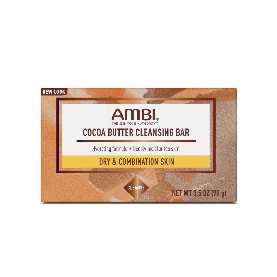 Ambi Cocoa Butter Cleansing Bar for dry and combination skin, showing the soap bar with cocoa butter ingredients.