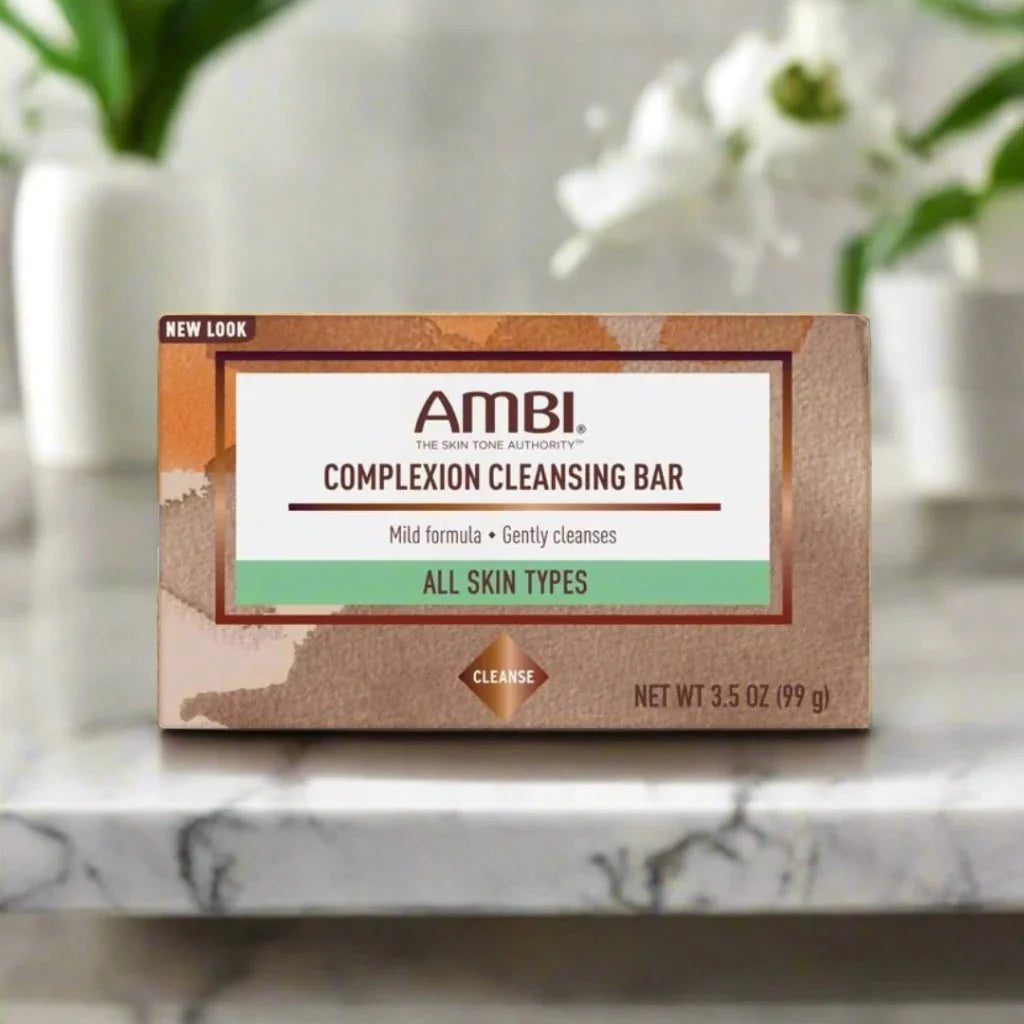 Ambi Complexion Cleansing Bar for all skin types, 3.5 oz, with natural ingredients, shown in its packaging.