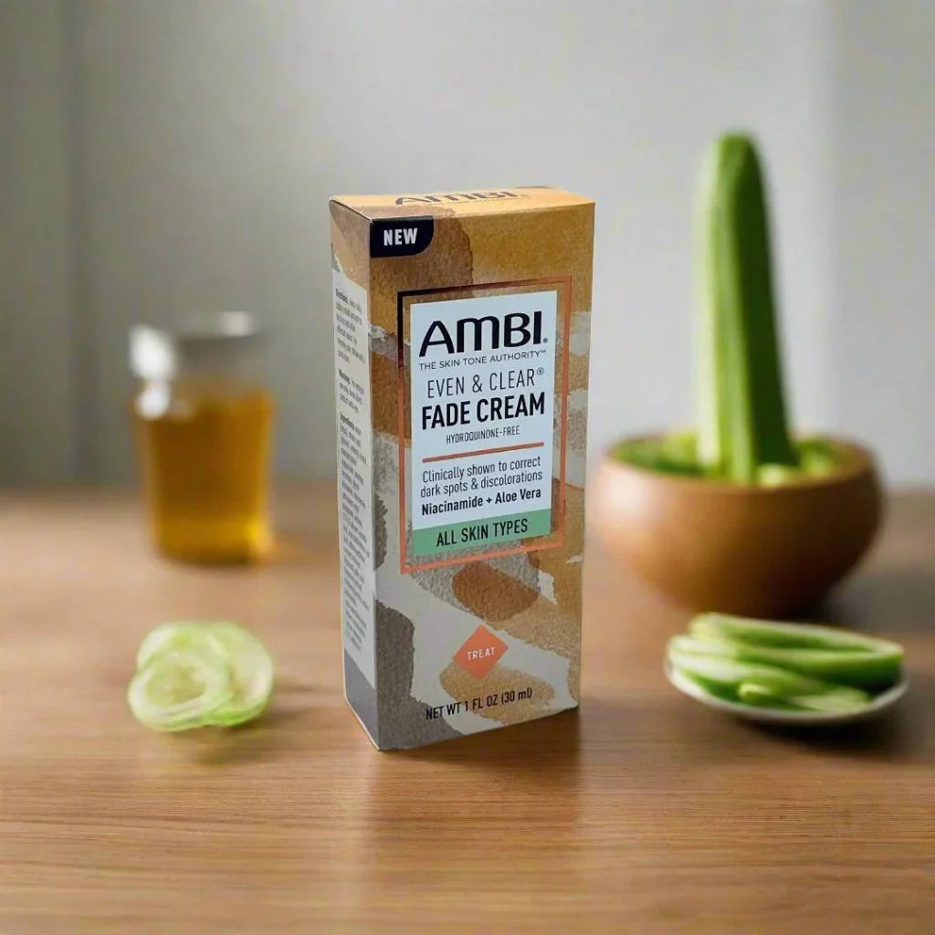 Ambi Even & Clear Aloe Vera Cream in 1 oz (30 ml) jar, featuring a white cream formula for skin brightening and hydration