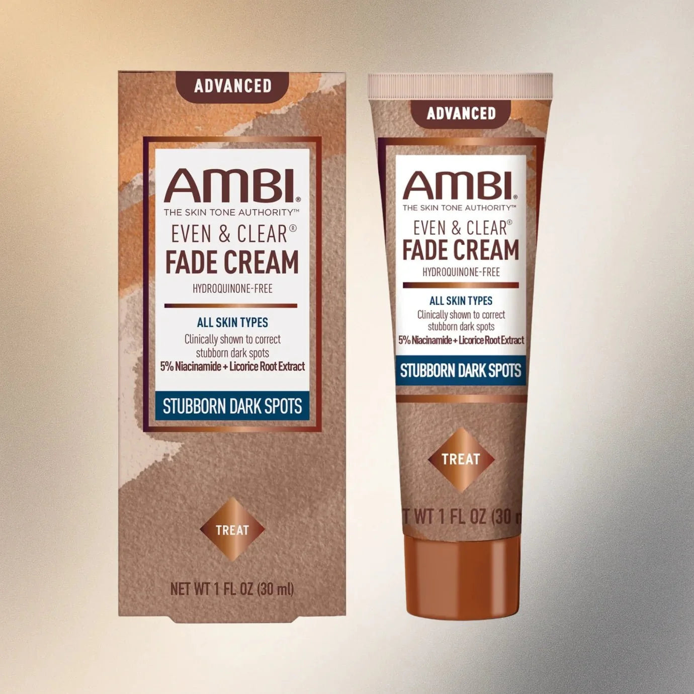 Ambi Even & Clear Cream with Niacinamide in 1 oz jar, featuring smooth, light-textured cream for skin brightening and evening tone.