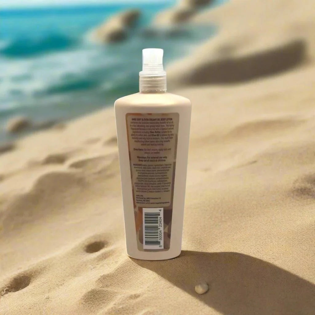 Ambi Skincare Soft & Even Creamy Oil Body Lotion in a 12 fl oz bottle, featuring a smooth, nourishing formula for even skin tone.
