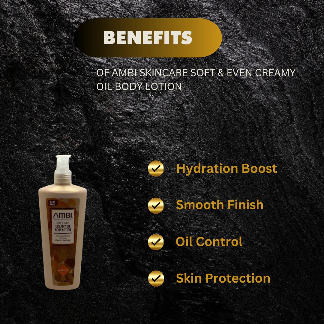 Ambi Skincare Soft & Even Creamy Oil Body Lotion in 12 fl oz bottle, featuring a white pump dispenser and smooth lotion texture.