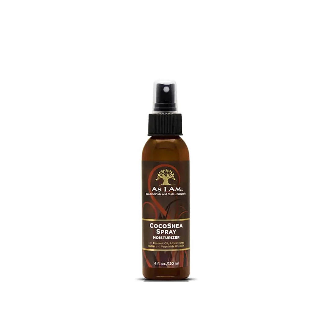 AS I AM Coco Shea Spray 4oz bottle with a pump nozzle, featuring a clear label and light-colored liquid inside.