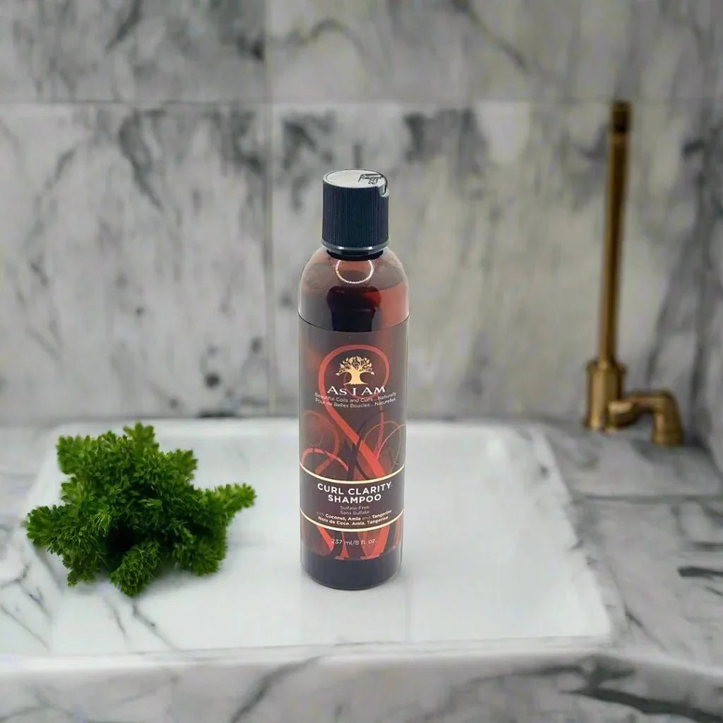 AS I AM Curl Clarity Shampoo 8oz bottle with clear labeling, designed for cleansing curly hair gently and effectively.