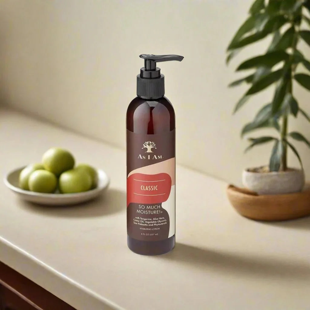 AS I AM So Much Moisture Hydrating Lotion in 8oz bottle, nourishing moisturizer for dry hair and skin, with a creamy texture.