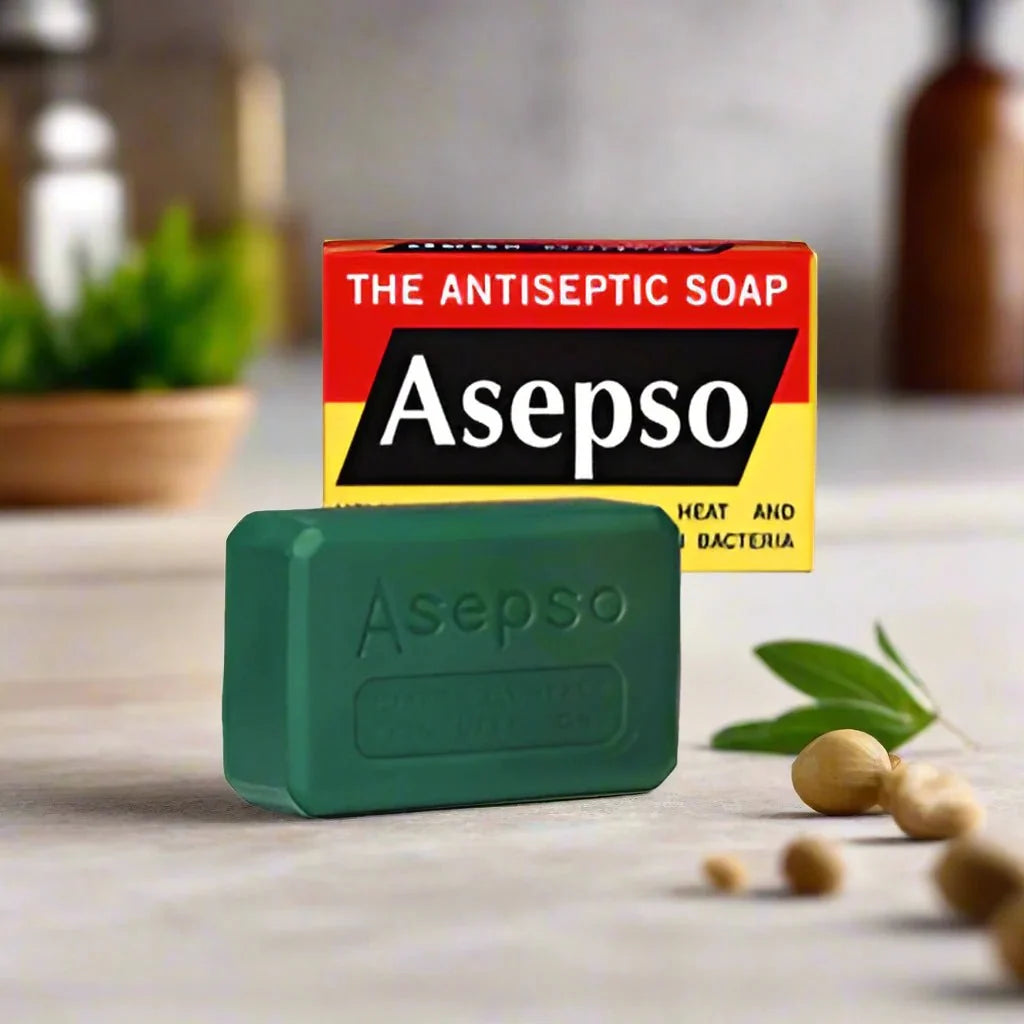 Asepso Soap 2.8oz bar with white packaging, showcasing the antiseptic soap's branding and clean design