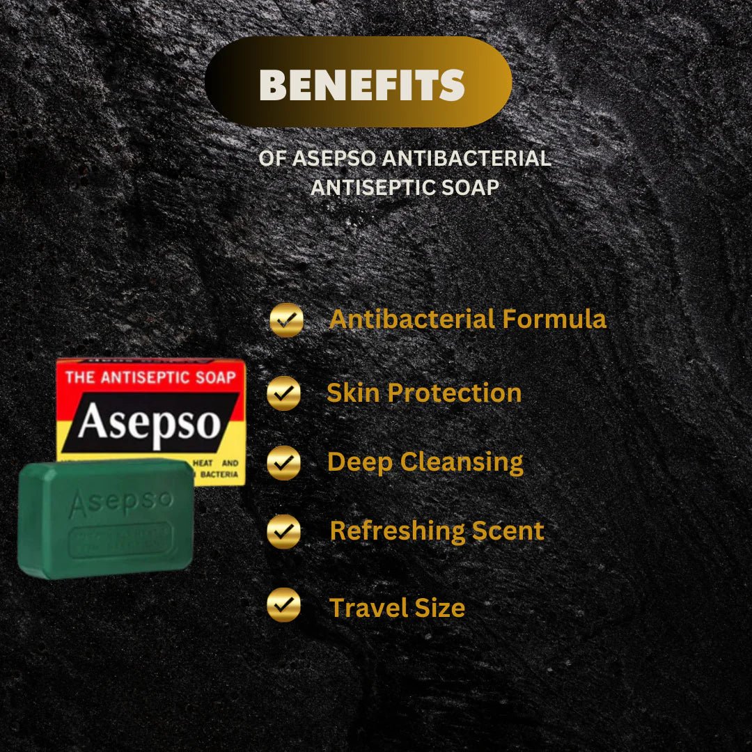 Asepso Soap 2.8oz bar with white packaging and black text, designed for skin cleansing and hygiene.