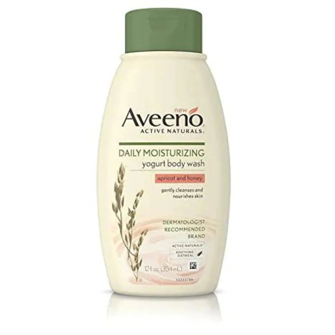 Aveeno Active Naturals Yogurt Body Wash in 354ml bottle, featuring creamy yogurt formula for gentle skin cleansing