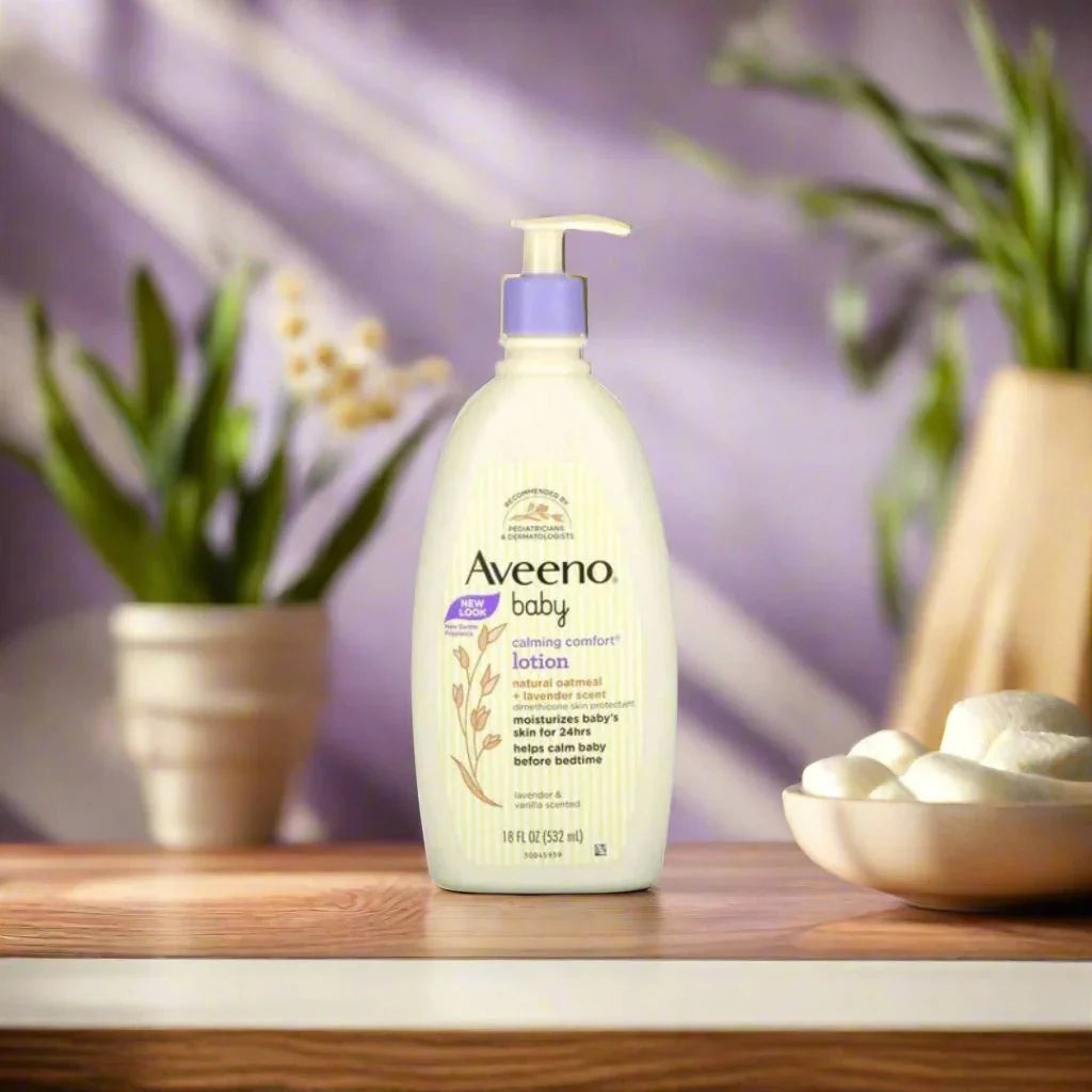 Aveeno Baby Calming Comfort Lotion with natural oatmeal and lavender scent in 18oz (532ml) bottle, gentle for baby's skin.