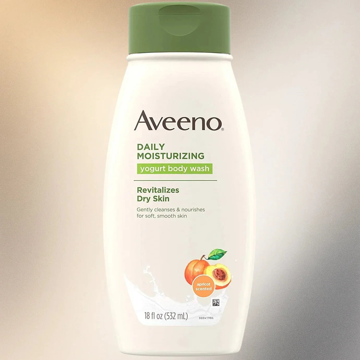 Aveeno Daily Moisturizing Body Wash with Yogurt and Apricot, 18oz bottle, featuring creamy formula and fresh fruit scent.