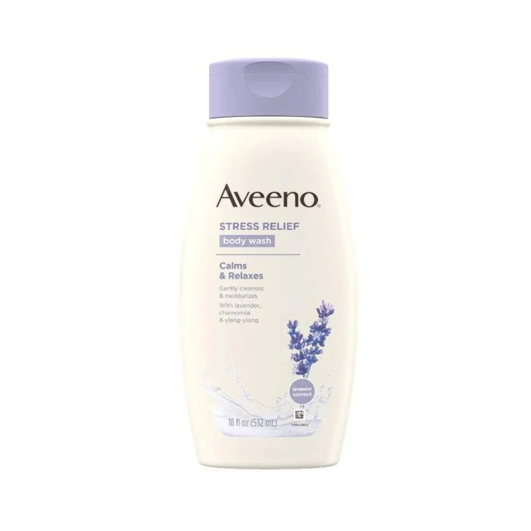 Aveeno Stress Relief Body Wash with lavender scent, 18oz bottle, featuring soothing lavender and calming ingredients for relaxation.