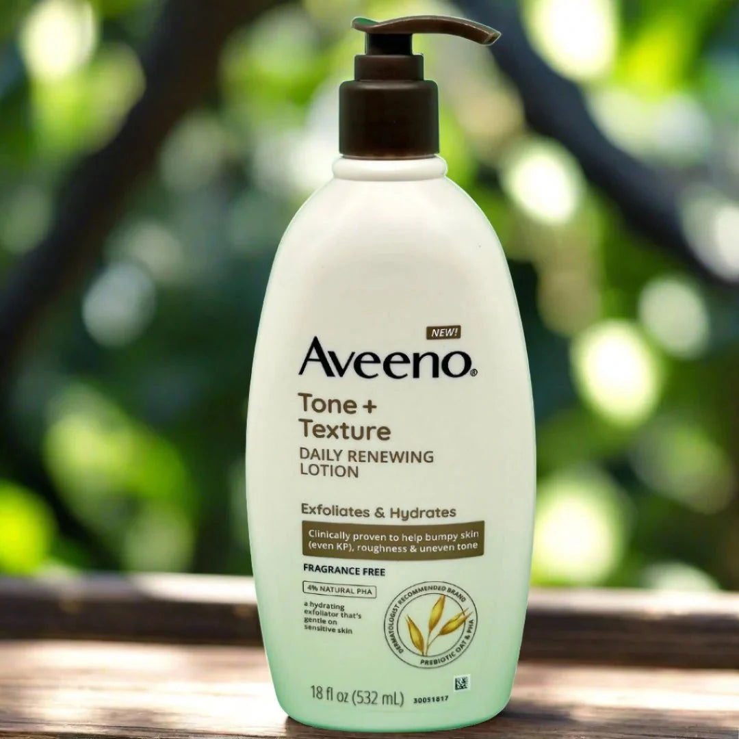 Aveeno Tone + Texture Daily Renewing Lotion bottle in 532ml size, with a white and blue labeled container on a clean background.