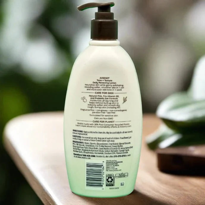 Aveeno Tone + Texture Daily Renewing Lotion bottle, 532ml, with smooth, creamy texture and natural ingredients for skin renewal