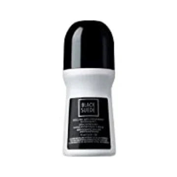 Avon Black Suede roll-on deodorant in 2.6 oz bottle with black packaging and sleek design.