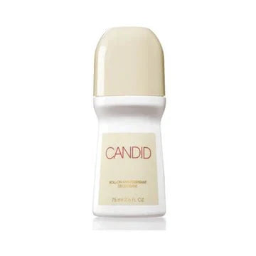 Avon Candid Roll-On Deodorant 2.6 oz, clear liquid in a white roll-on applicator with blue and green accents.
