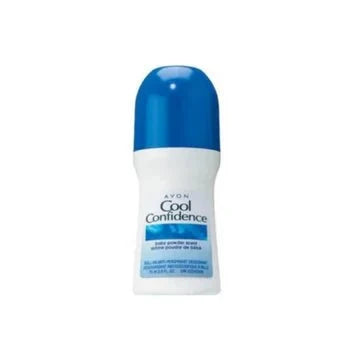 Avon Cool Confidence Baby Powder Roll-On Deodorant 2.6 oz with clear roll-on applicator and white liquid deodorant inside.