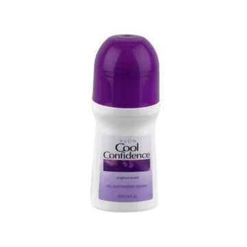 Avon Cool Confidence Original Roll-On Deodorant 2.6 oz, clear bottle with blue cap and label, shown applied on skin.