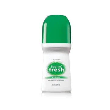 Avon Feelin' Fresh Roll-On Deodorant 2.6 oz with clear liquid in a white and blue roll-on container.