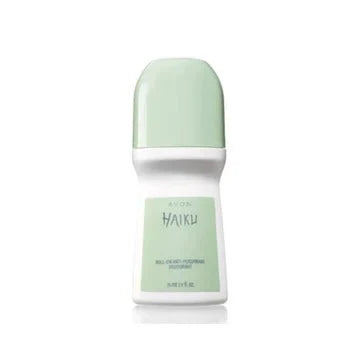 Avon Haiku roll-on deodorant in 2.6 oz bottle, with floral and fresh scent, showing the sleek packaging and applicator.