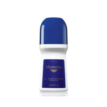 Avon Mesmerize for Him roll-on deodorant 2.6 oz with sleek black and silver packaging, designed for men’s freshness.