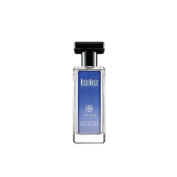 Avon Night Magic Evening Musk Cologne Spray 1.7 oz bottle with dark packaging and elegant design.