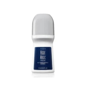 Avon Night Magic Evening Musk roll-on deodorant in 2.6 oz bottle, featuring a sleek design and Musk fragrance.