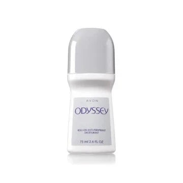 Avon Odyssey roll-on deodorant in a 2.6 oz bottle with a blue cap and clear container, ready for application.
