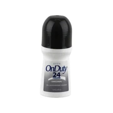 Avon On Duty Original Roll-On Deodorant in 2.6 oz bottle, with clear liquid and white cap, designed for odor protection.