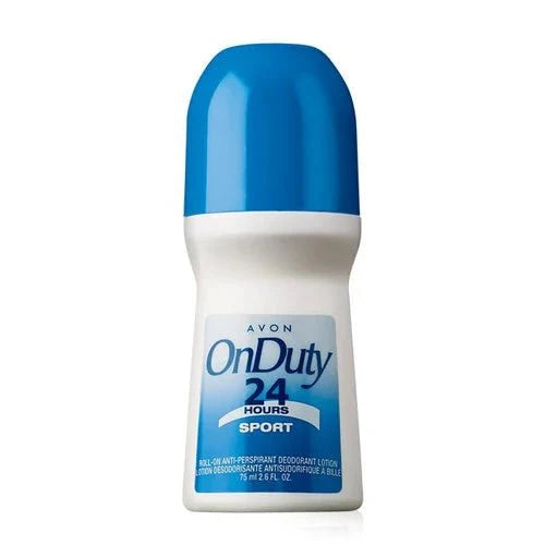 Avon On Duty Sport roll-on deodorant 2.6 oz bottle with blue cap and label, designed for active use and long-lasting freshness.