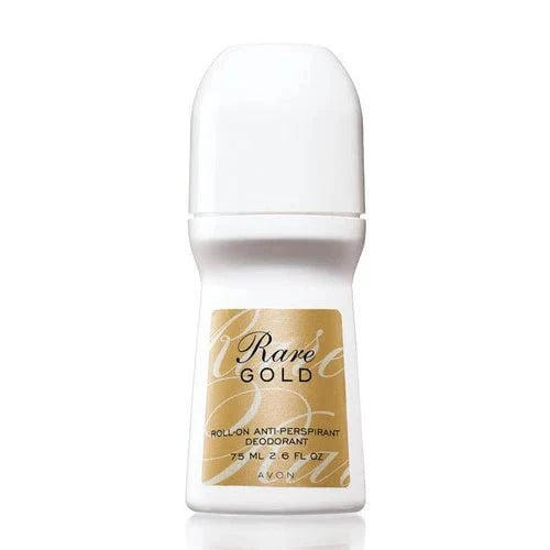 Avon Rare Gold roll-on deodorant in a 2.6 oz bottle, featuring a gold-colored cap and sleek packaging.