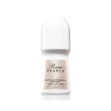 Avon Rare Pearls Roll-On Deodorant 2.6 oz with pearl accents, featuring a sleek white bottle and gold cap.