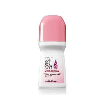 Avon Skin So Soft Soft & Sensual roll-on deodorant in 2.6 oz bottle, featuring smooth, sensual scent and easy applicator.