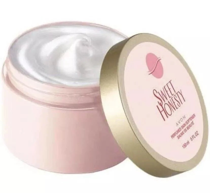Avon Sweet Honesty perfumed skin softener bottle, 150ml, with floral and sweet fragrance visible in the image.