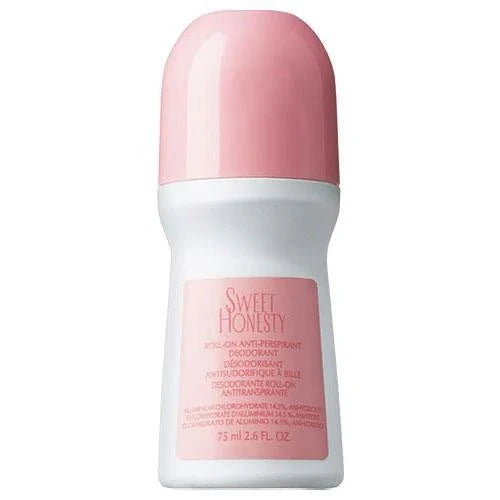 Avon Sweet Honesty roll-on deodorant in a 2.6 oz bottle, featuring a clear liquid formula for underarm freshness.