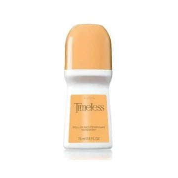 Avon Timeless Roll-On Deodorant 2.6 oz bottle with clear cap and label, designed for underarm freshness and odor protection.