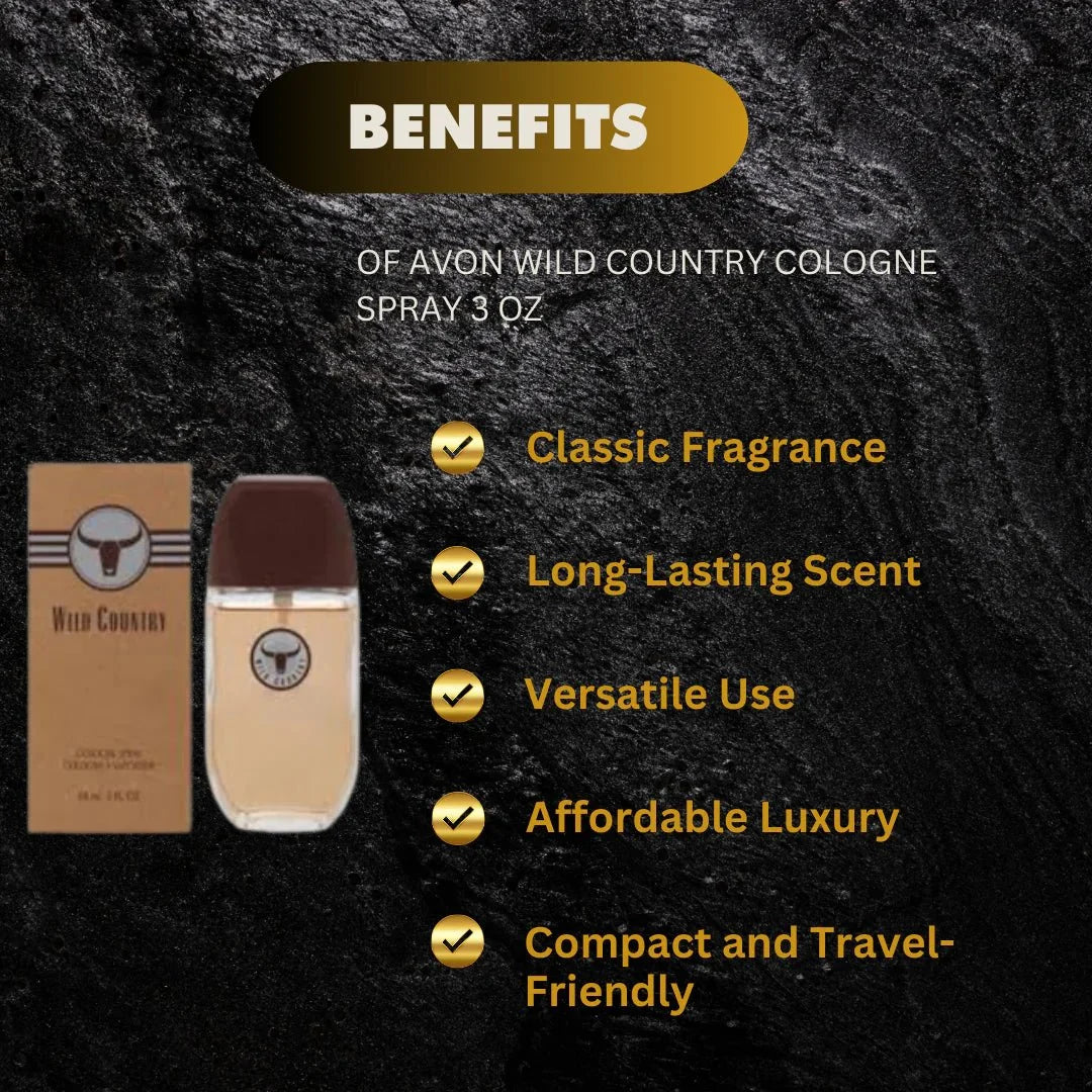 Avon Wild Country cologne spray 3 oz bottle with green and gold label, featuring a rugged outdoor-inspired design.