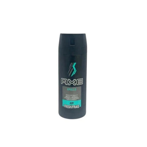 Axe Apollo deodorant body spray 150ml bottle, featuring sleek packaging and spray nozzle, designed for men.