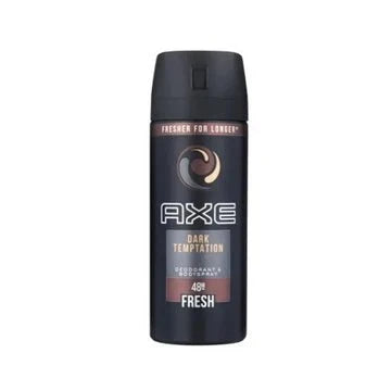 Axe Dark Temptation deodorant and body spray 150ml bottle with dark chocolate and spicy scent design.