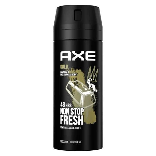 AXE Gold deodorant body spray with vanilla and wood fragrance, 150ml bottle, featuring a sleek design and spray nozzle.