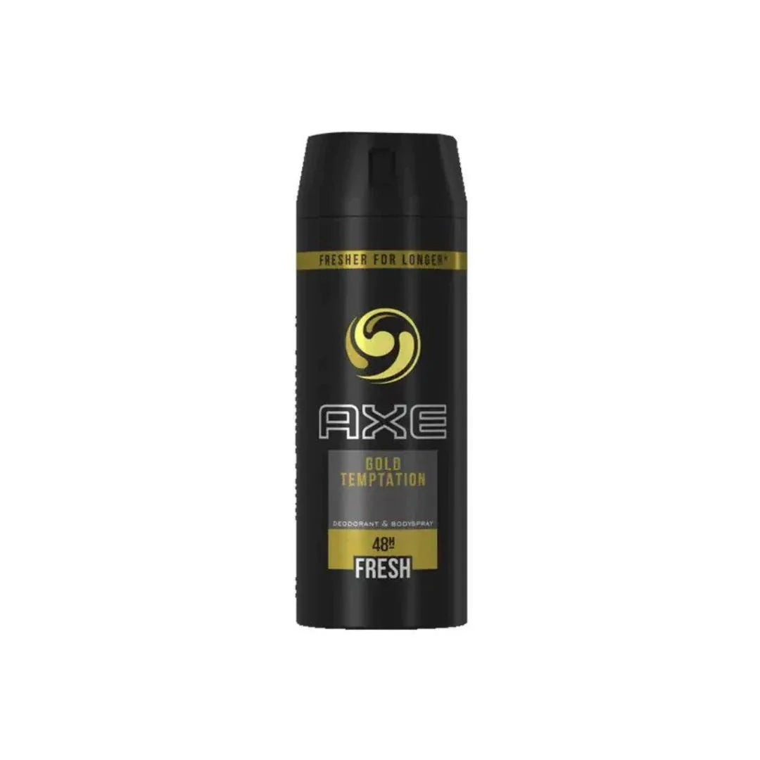 AXE Gold Temptation Body Spray 150ml bottle with gold and black design, featuring the AXE logo and spray nozzle.