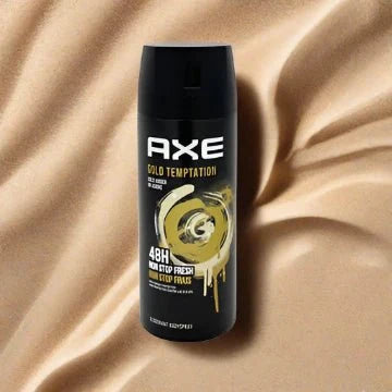 Axe Gold Temptation deodorant body spray 150ml bottle with gold and black design, ready for use.