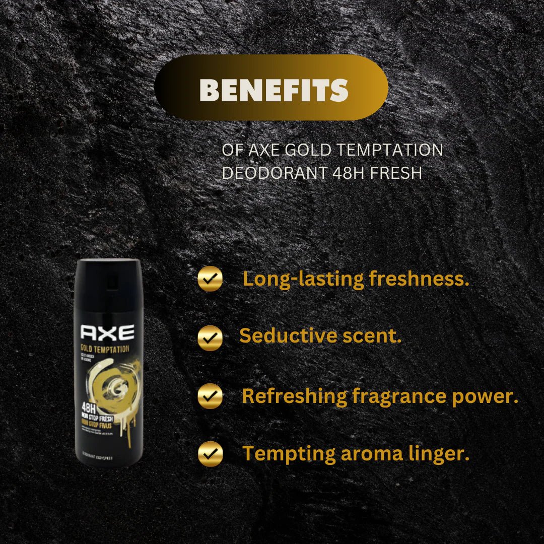 Axe Gold Temptation deodorant body spray 150ml bottle with gold label and spray nozzle, designed for men.