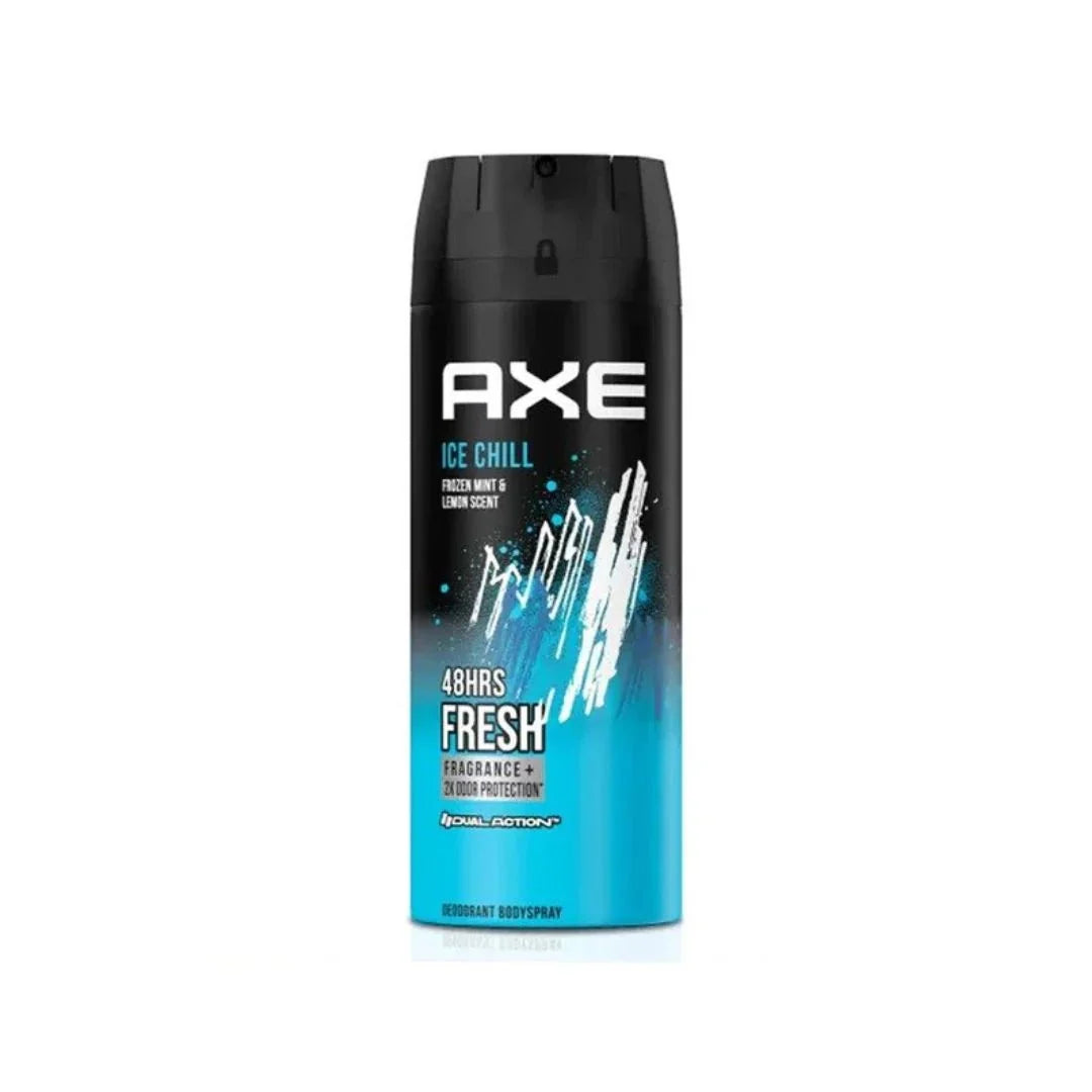 AXE Ice Chill deodorant body spray 150ml bottle with blue and silver design, showcasing the product ready for use.