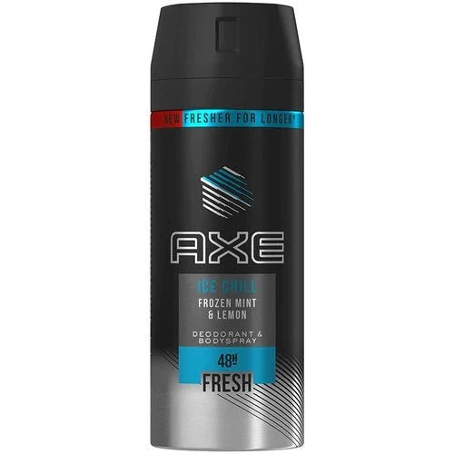 Axe Ice Chill Frozen Mint & Lemon deodorant spray bottle, 150ml, with icy mint and lemon scents.