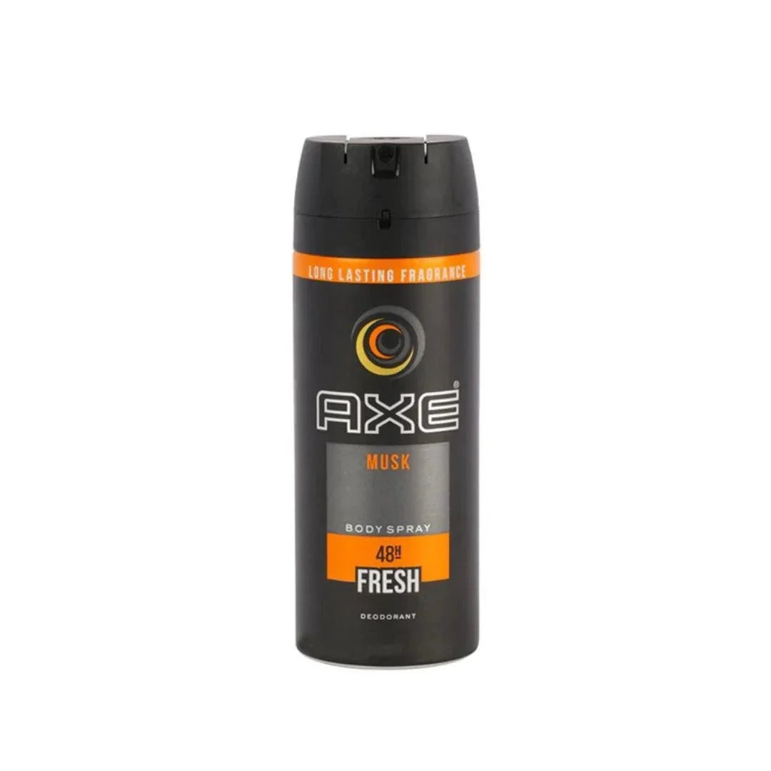 Axe Musk men's deodorant body spray bottle with 150ml (5.07oz) size, featuring the Axe Musk fragrance and sleek packaging.